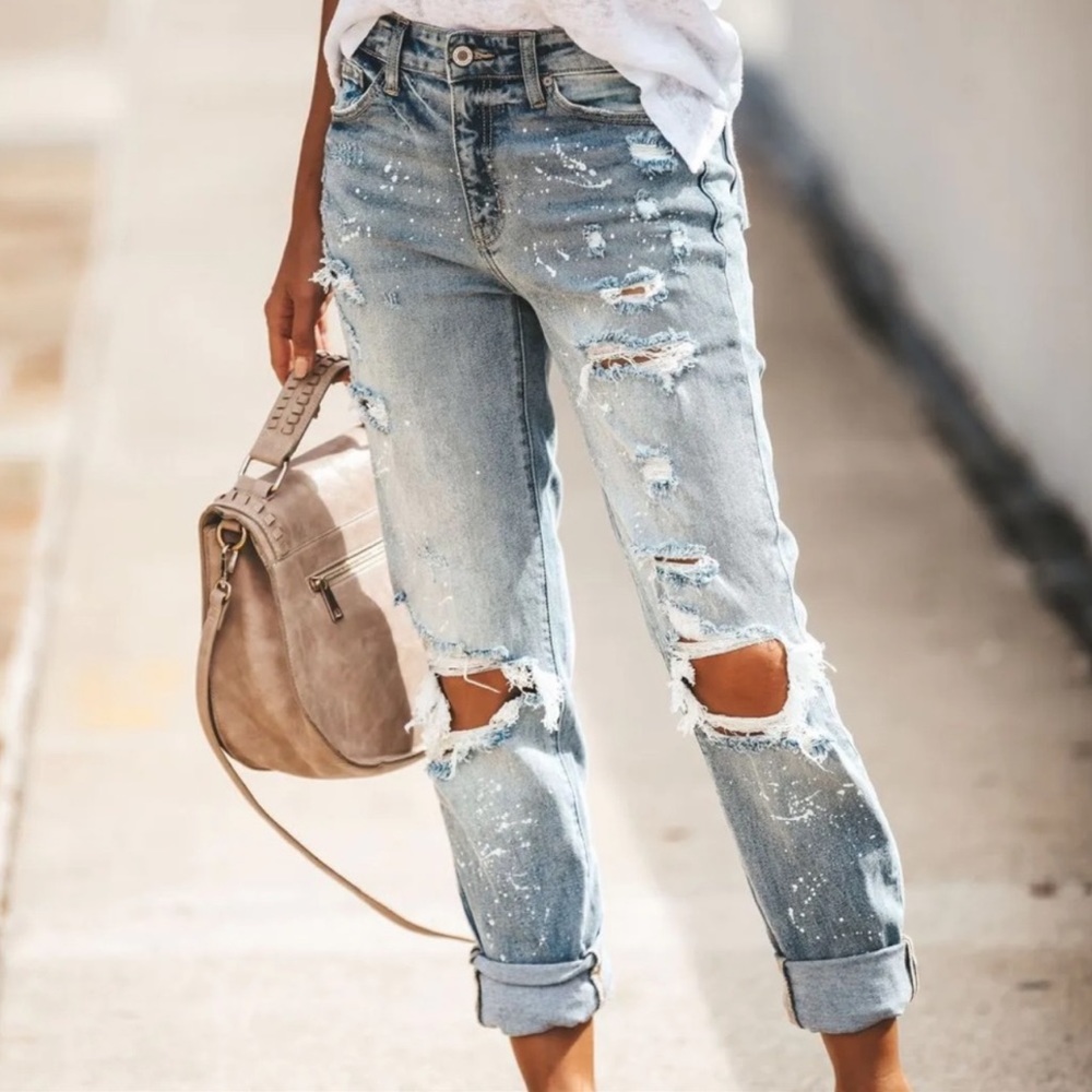 Brand New Distressed Denim Jeans Paint Splatter Relaxed Fit Boyfriend - Picture 3 of 10